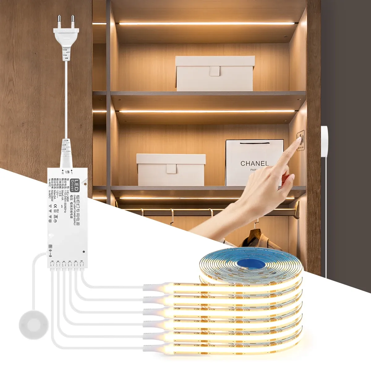 Bande LED COB dimmable pour armoire, avec capteur de mouvement et commande tactile, idéale pour cuisine, placard, vitrine et garde-manger
