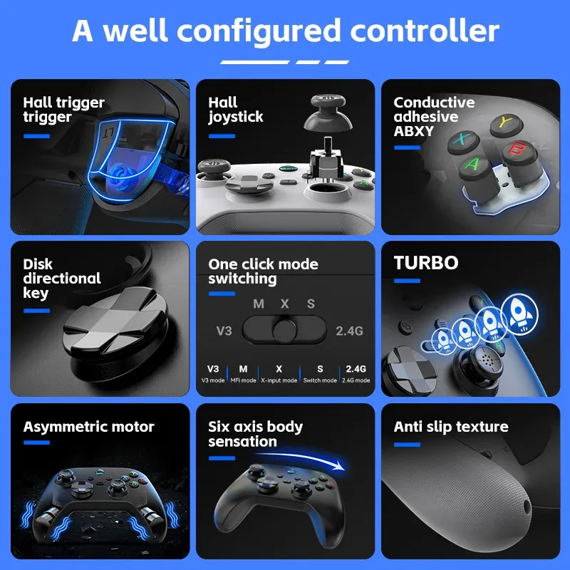 Manette de jeu mobile G6 pour Switch, iOS, Android et PC, compatible streaming et jeux cloud, avec joysticks à effet Hall 6