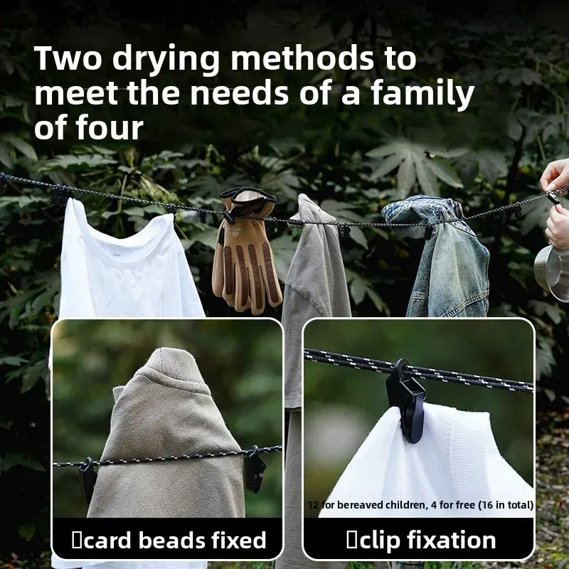 Corde à linge de voyage rétractable avec 16 pinces, coupe-vent et compacte, idéale pour le camping, l'hôtel et la buanderie 3