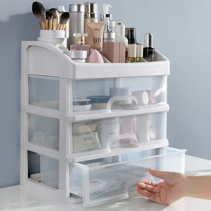 Organisateur de maquillage à tiroirs en plastique avec porte-brosses et compartiment à bijoux