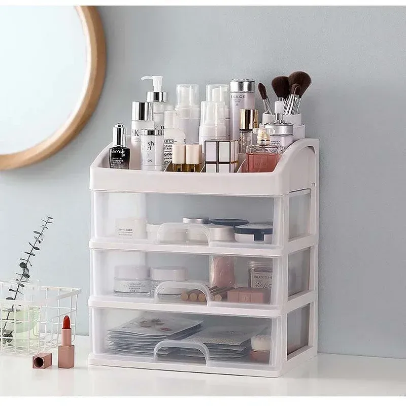 Organisateur de maquillage à tiroirs en plastique avec porte-brosses et compartiment à bijoux 3
