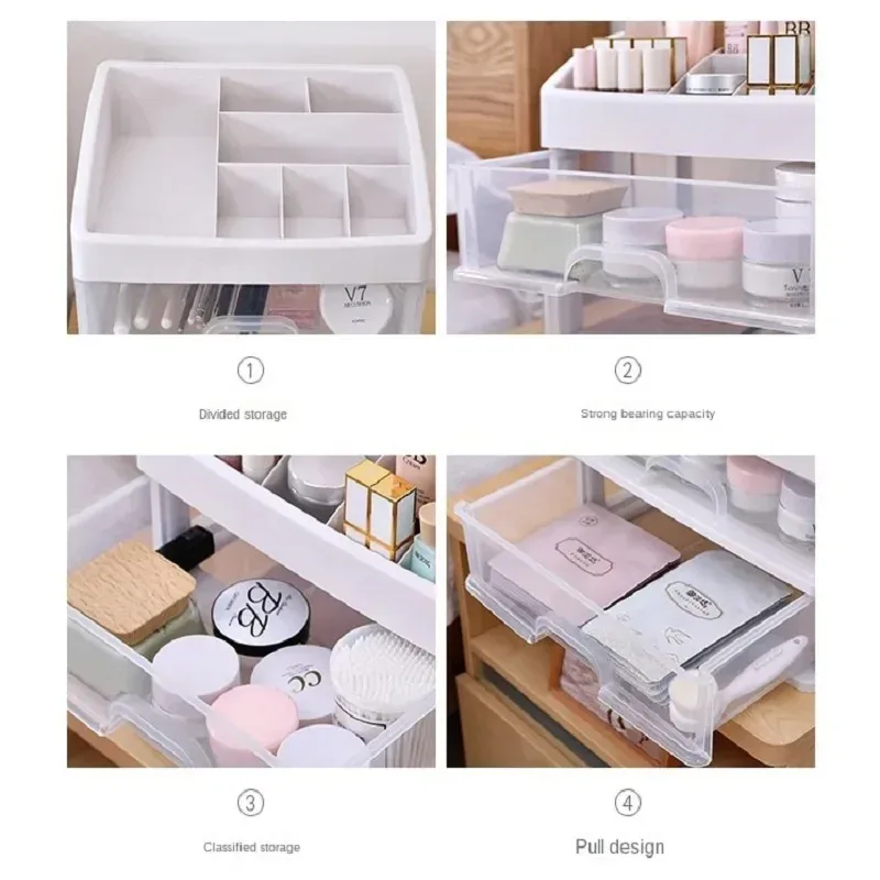 Organisateur de maquillage à tiroirs en plastique avec porte-brosses et compartiment à bijoux 2