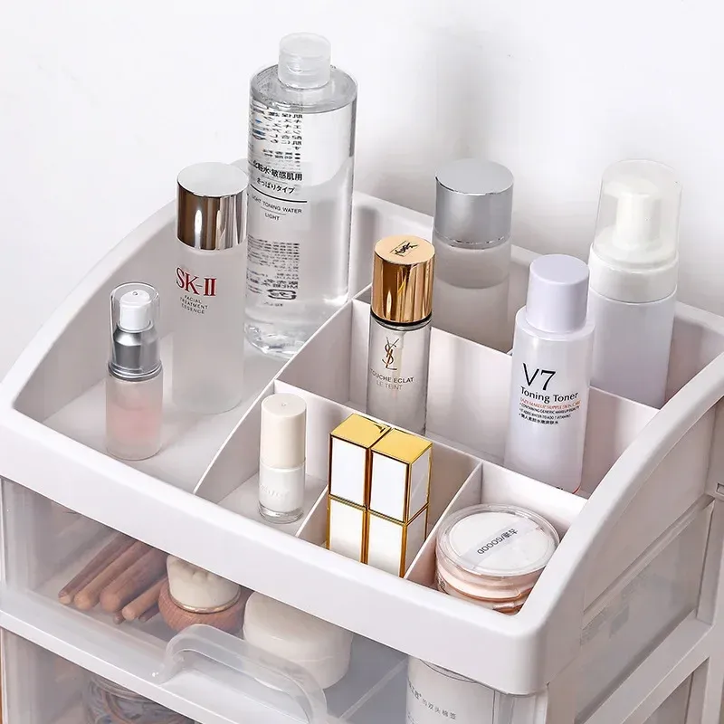 Organisateur de maquillage à tiroirs en plastique avec porte-brosses et compartiment à bijoux 5