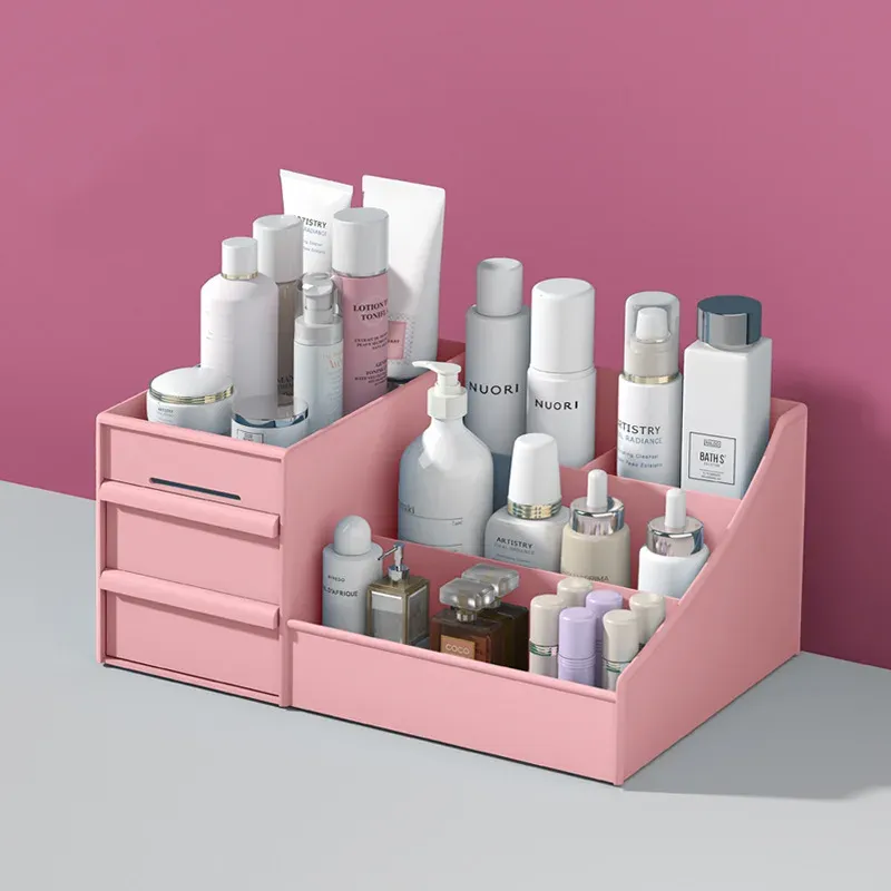 Organisateur de maquillage à tiroirs en plastique avec porte-brosses et compartiment à bijoux 11