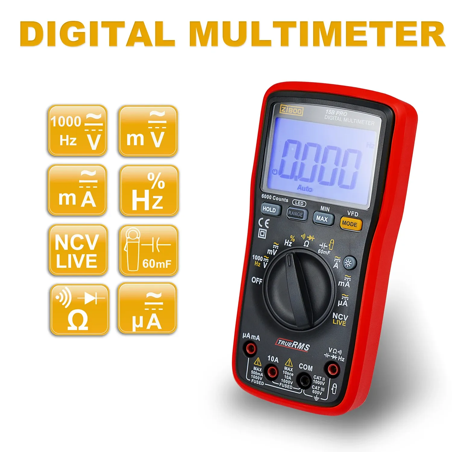Multimètre numérique ZIBOO 15B PRO / 17B PRO True RMS, pour applications électriques, avec test de diode, de continuité et mesure de résistance 4