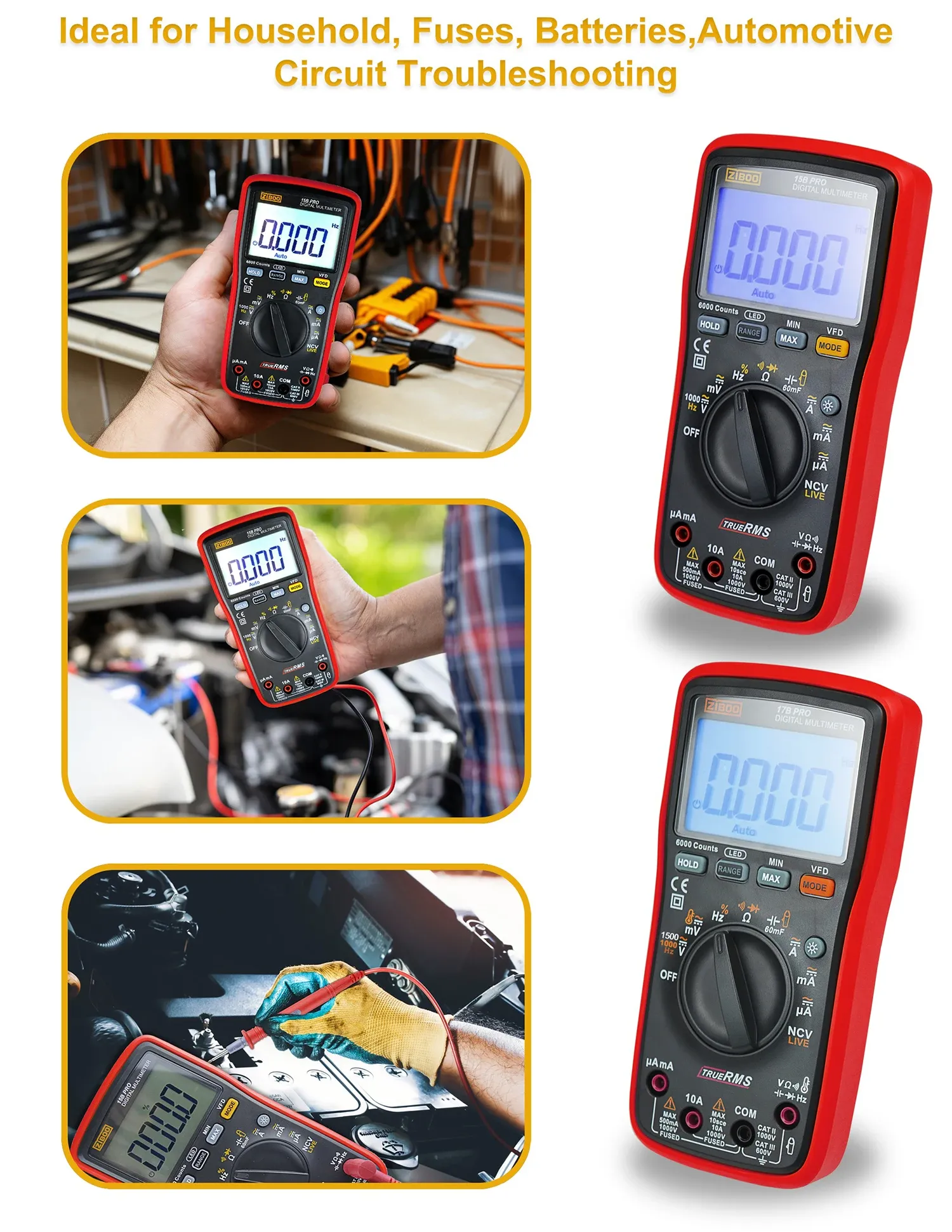 Multimètre numérique ZIBOO 15B PRO / 17B PRO True RMS, pour applications électriques, avec test de diode, de continuité et mesure de résistance 6