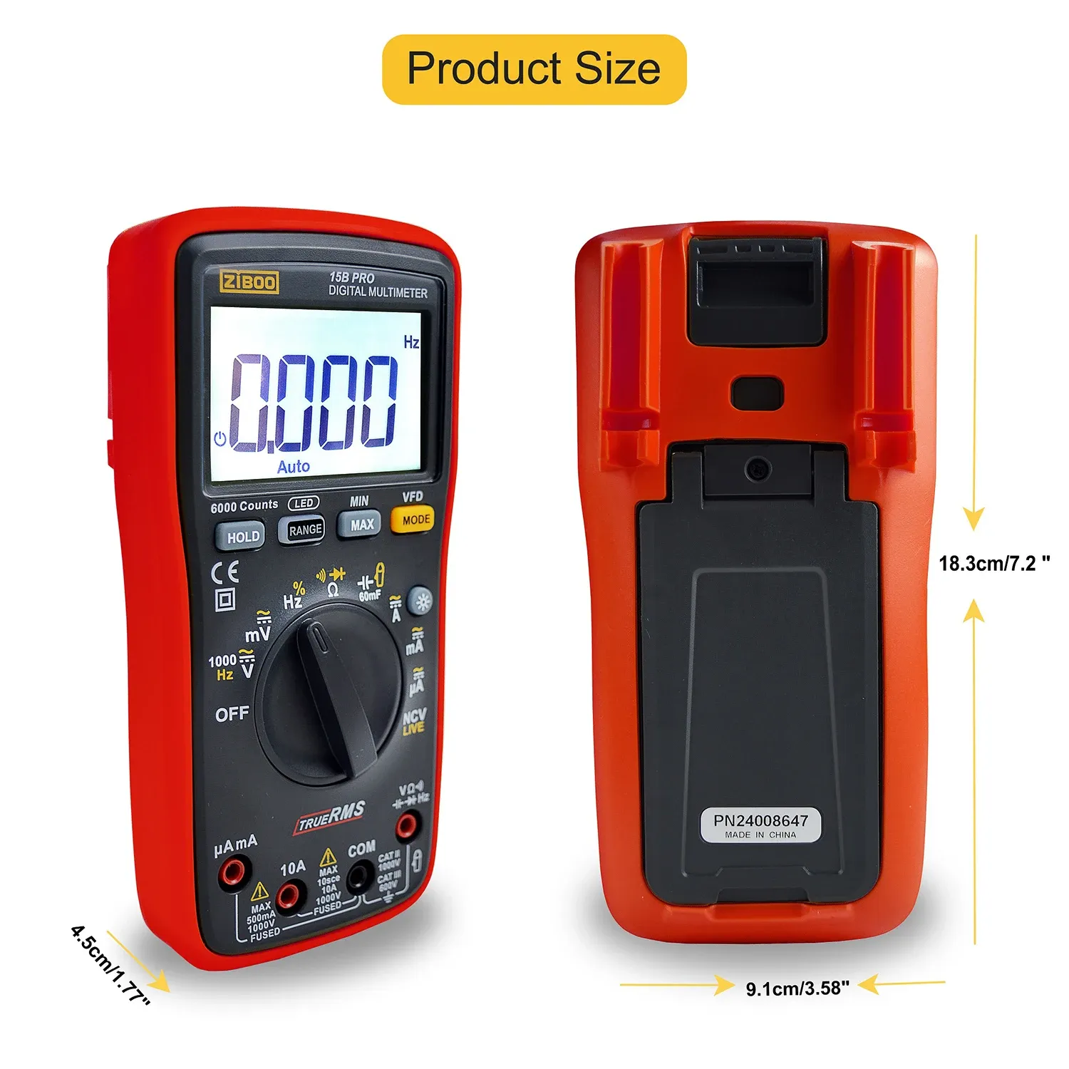 Multimètre numérique ZIBOO 15B PRO / 17B PRO True RMS, pour applications électriques, avec test de diode, de continuité et mesure de résistance 5