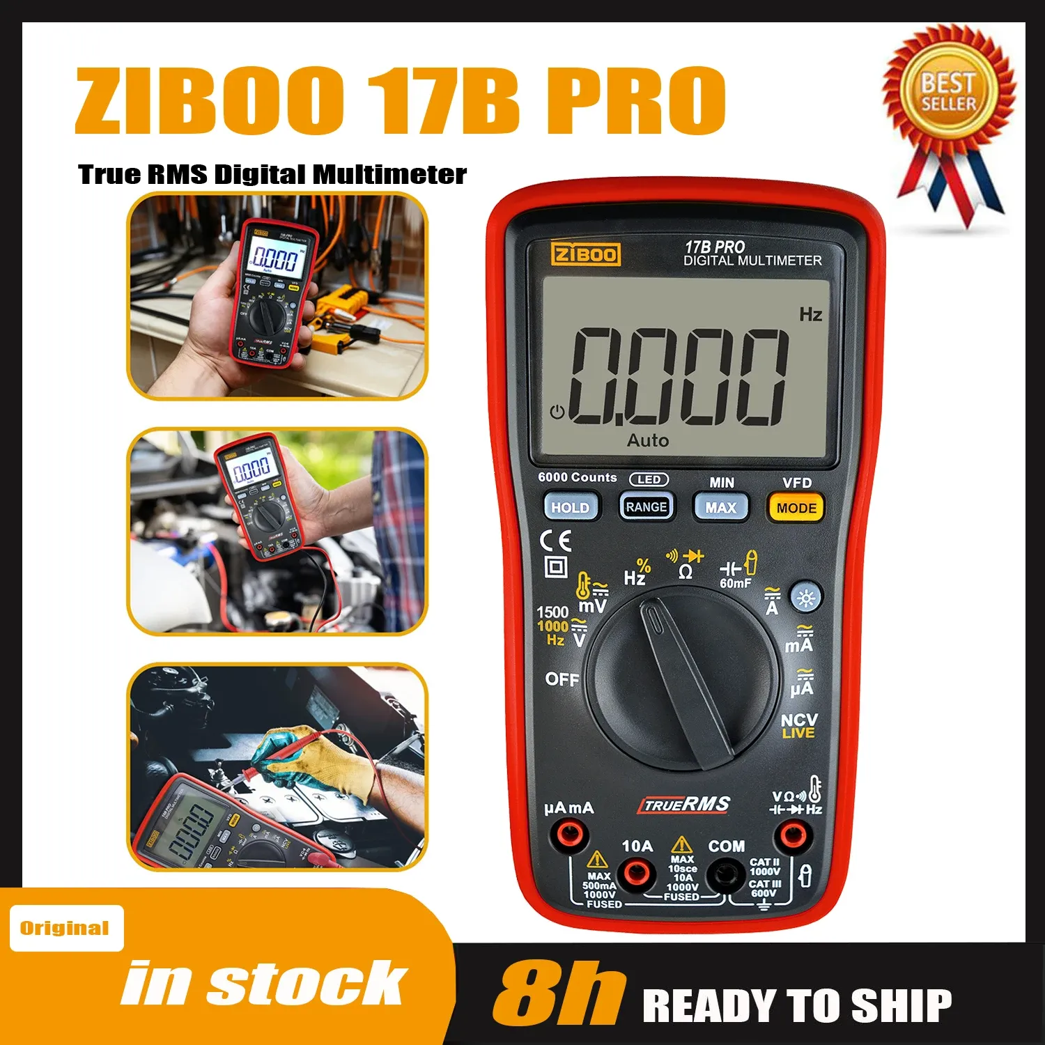 Multimètre numérique ZIBOO 15B PRO / 17B PRO True RMS, pour applications électriques, avec test de diode, de continuité et mesure de résistance 7