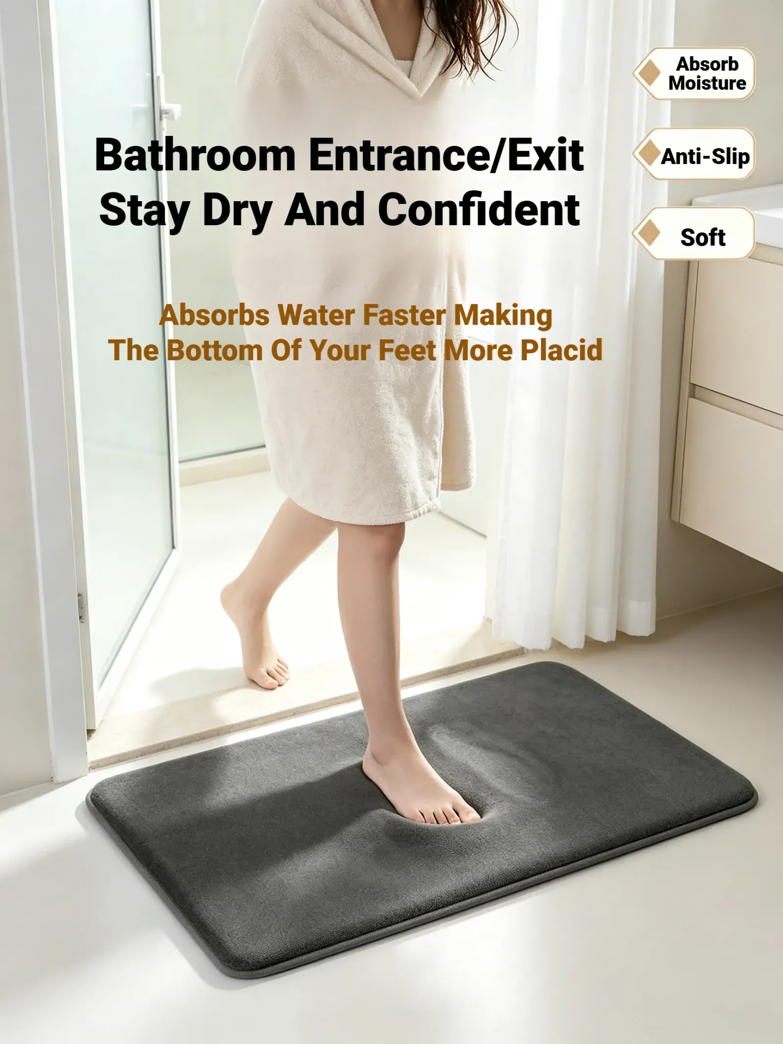 Absorption rapide sur le tapis de bain