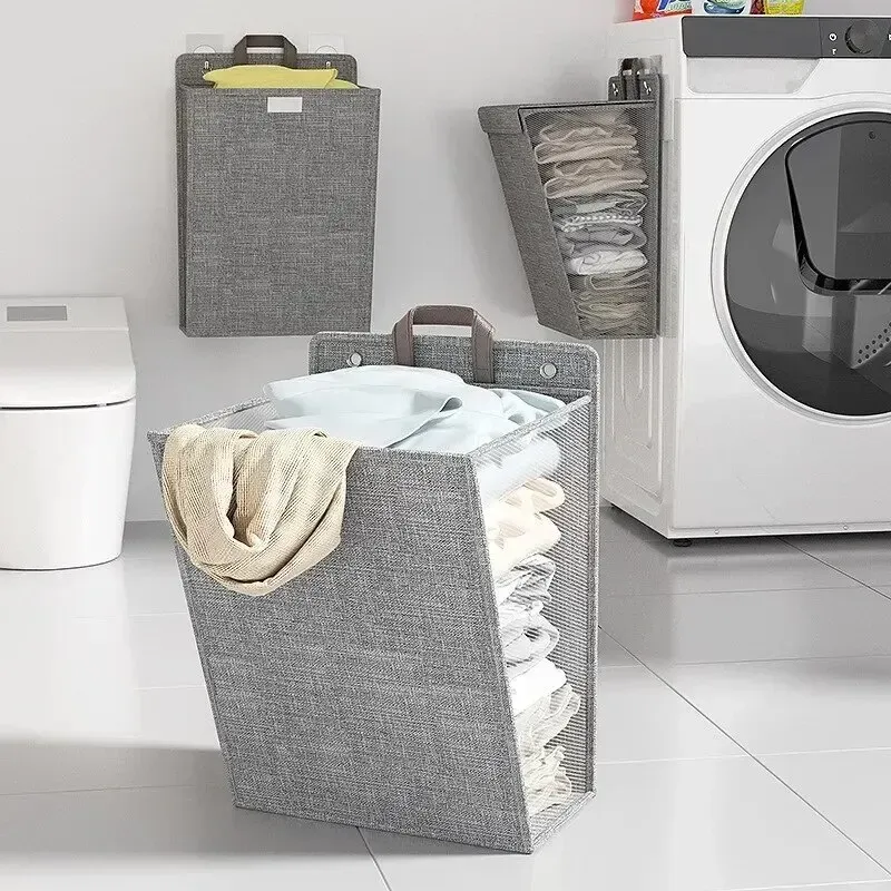 Panier à linge mural adhésif et pliable, multifonction, sans perçage, en maille, 1 pièce 3