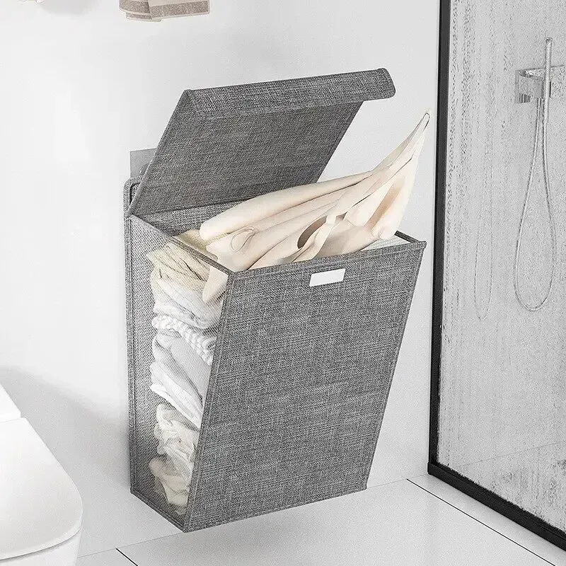 Panier à linge mural adhésif et pliable, multifonction, sans perçage, en maille, 1 pièce 4