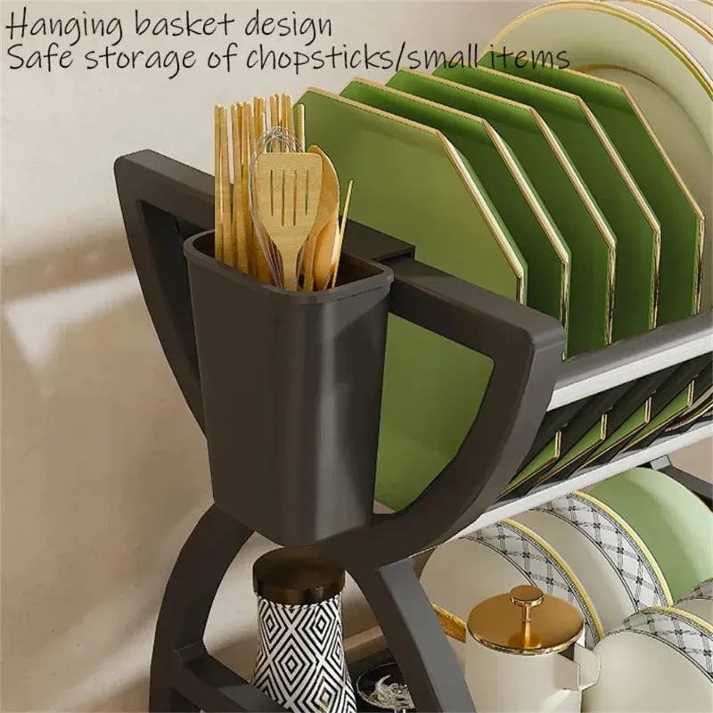 Égouttoir à vaisselle 2 niveaux compact avec porte-ustensiles, organisateur multifonctionnel pour bols et assiettes 4