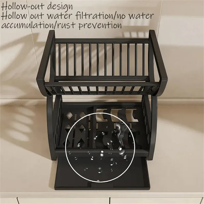 Égouttoir à vaisselle 2 niveaux compact avec porte-ustensiles, organisateur multifonctionnel pour bols et assiettes 6