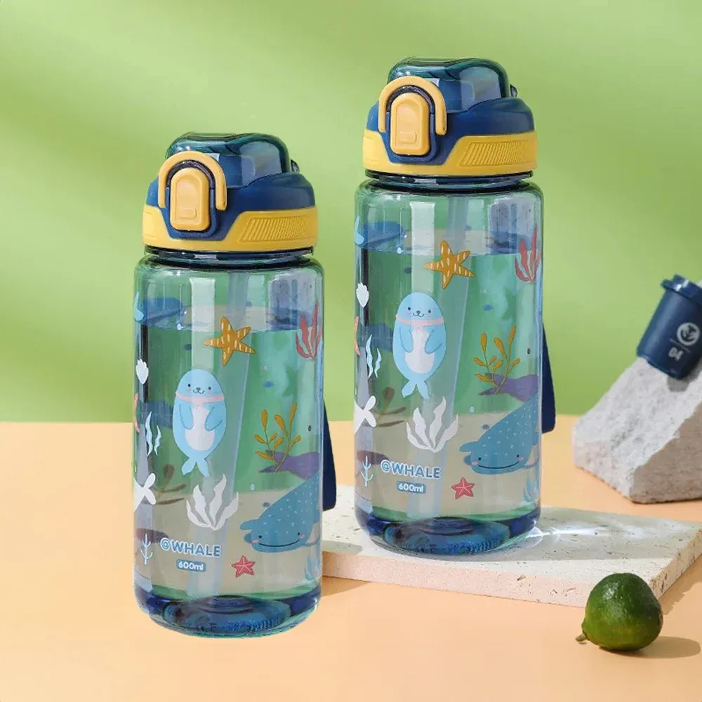 Gourde enfant en forme d'animal de dessin animé, 600 ml, avec paille et fermeture de sécurité anti-fuite, pour le camping et les voyages 8