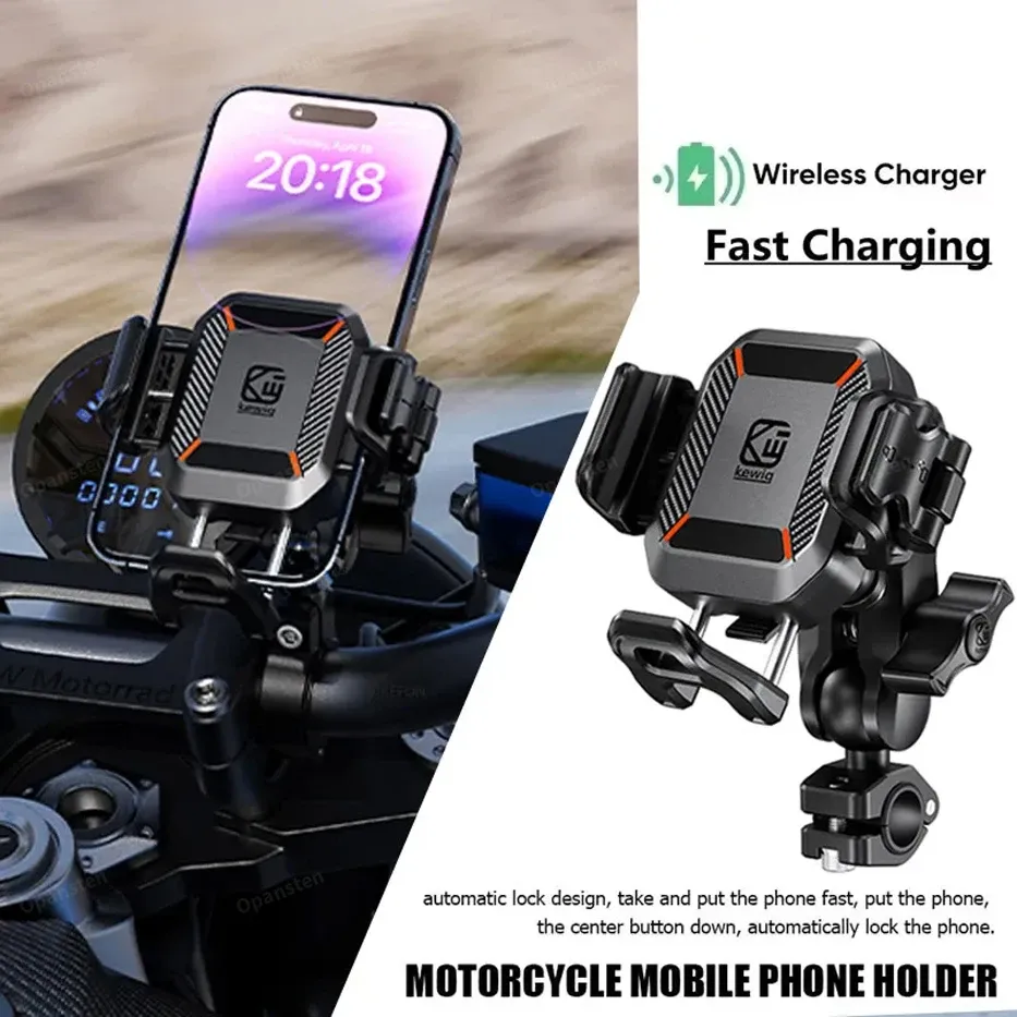 Support de téléphone antichoc pour moto avec chargeur sans fil 15W et port USB-C 36W, charge rapide, compatible moto, vélo et scooter - Image 1