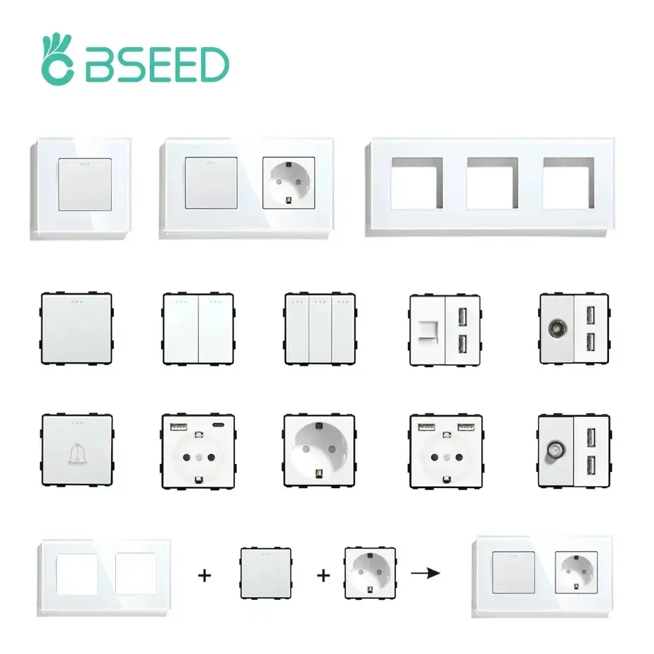 BSEED – Interrupteur à bouton-poussoir standard UE avec cadre en verre et prises HDMI, USB, TV, Internet et USB-C - Image 1