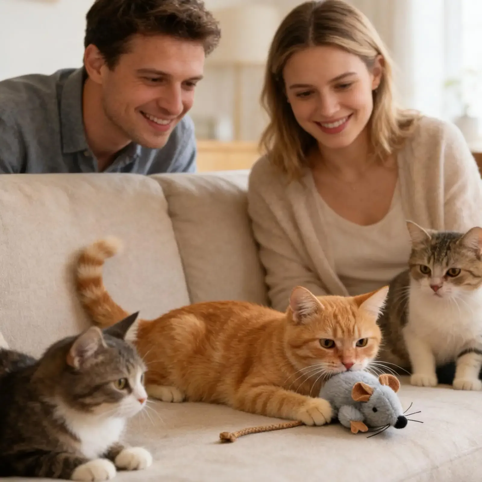 Souris en peluche interactive pour chat, en situation