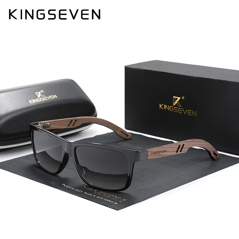 KINGSEVEN Lunettes de soleil carrées vintage en bois, polarisées à 100 % avec protection UV400, pour hommes et femmes - Image 1