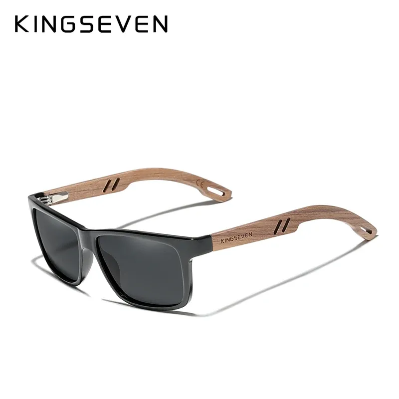 KINGSEVEN Lunettes de soleil carrées vintage en bois, polarisées à 100 % avec protection UV400, pour hommes et femmes 2