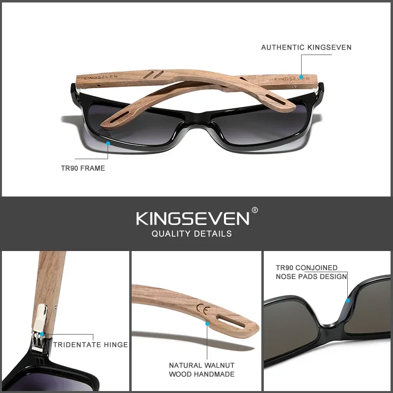 KINGSEVEN Lunettes de soleil carrées vintage en bois, polarisées à 100 % avec protection UV400, pour hommes et femmes 4