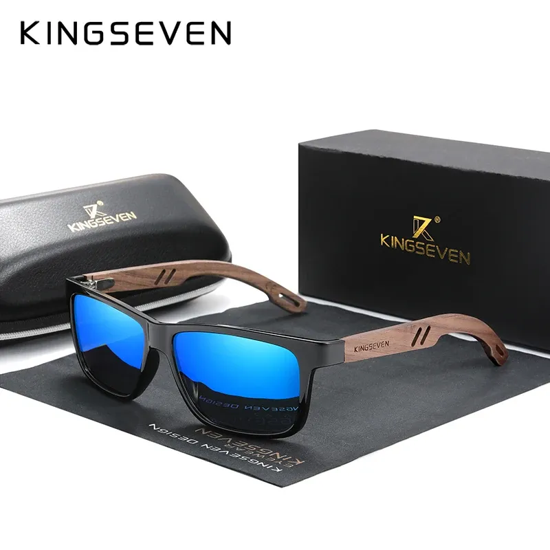 KINGSEVEN Lunettes de soleil carrées vintage en bois, polarisées à 100 % avec protection UV400, pour hommes et femmes 9