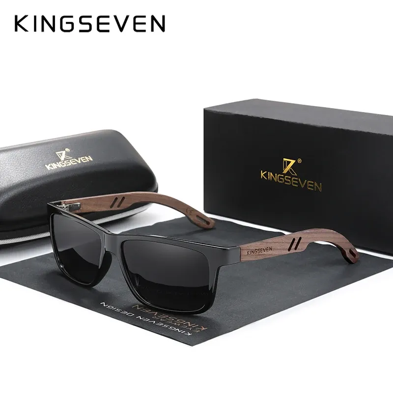 KINGSEVEN Lunettes de soleil carrées vintage en bois, polarisées à 100 % avec protection UV400, pour hommes et femmes 10