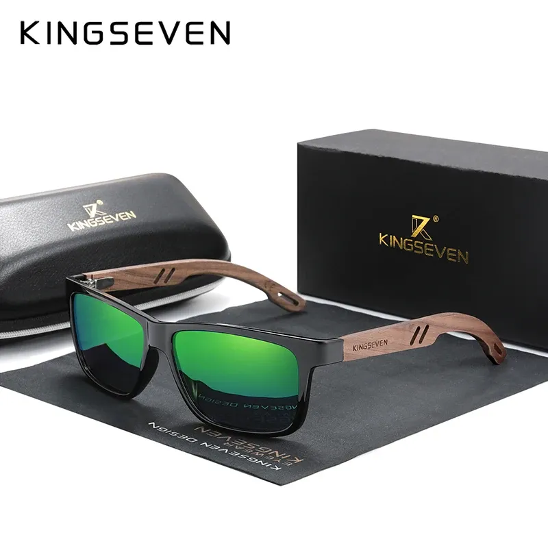 KINGSEVEN Lunettes de soleil carrées vintage en bois, polarisées à 100 % avec protection UV400, pour hommes et femmes 11