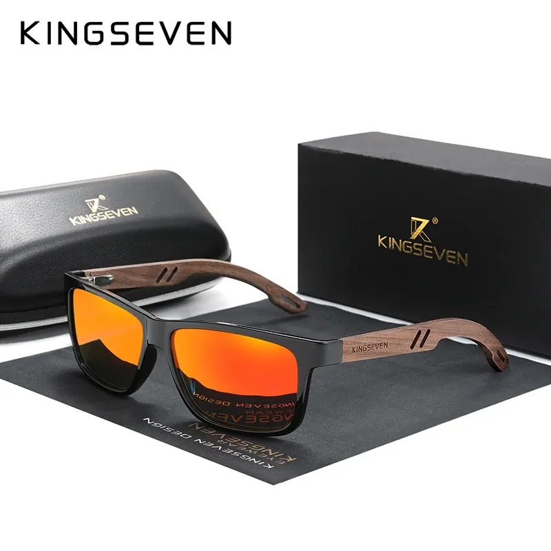 KINGSEVEN Lunettes de soleil carrées vintage en bois, polarisées à 100 % avec protection UV400, pour hommes et femmes 12