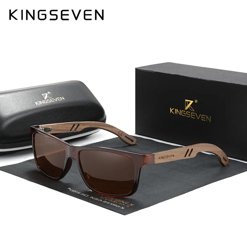 KINGSEVEN Lunettes de soleil carrées vintage en bois, polarisées à 100 % avec protection UV400, pour hommes et femmes 6