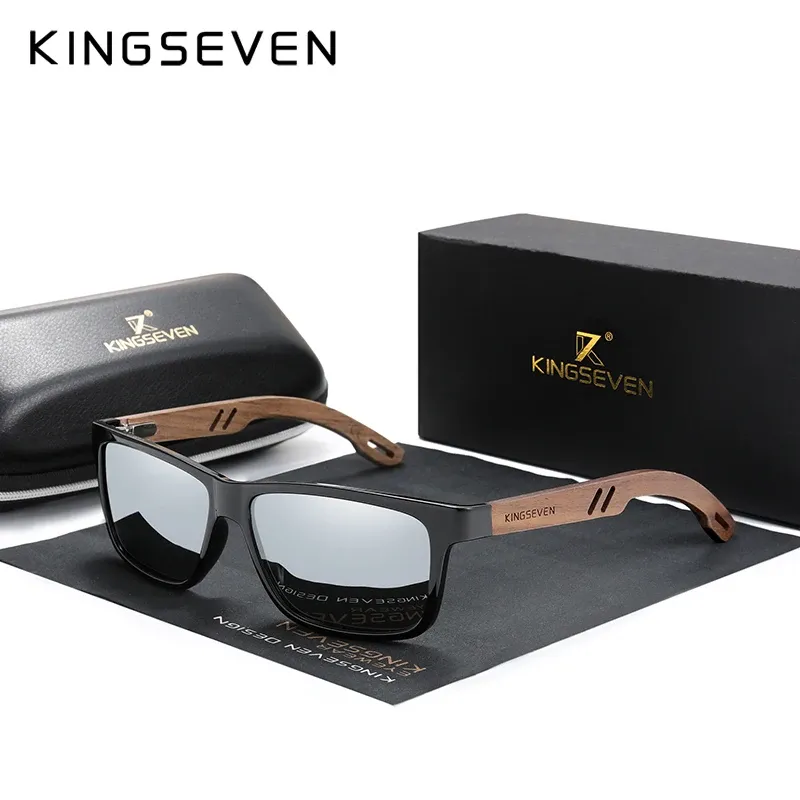 KINGSEVEN Lunettes de soleil carrées vintage en bois, polarisées à 100 % avec protection UV400, pour hommes et femmes 8
