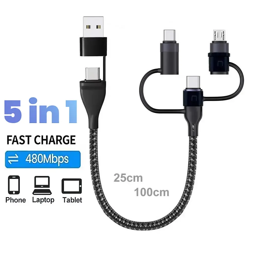 Câble de charge multi-embouts 5 en 1 PD 65 W, tressé en nylon, USB-A/USB-C vers USB-C/Micro-USB/Lightning pour iPhone, Samsung et MacBook