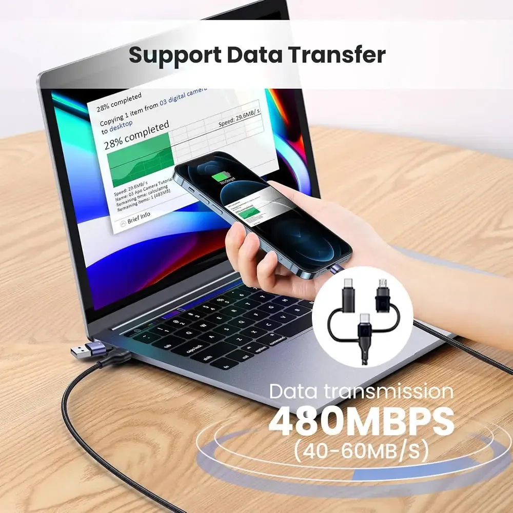 Câble de charge multi-embouts 5 en 1 PD 65 W, tressé en nylon, USB-A/USB-C vers USB-C/Micro-USB/Lightning pour iPhone, Samsung et MacBook 4