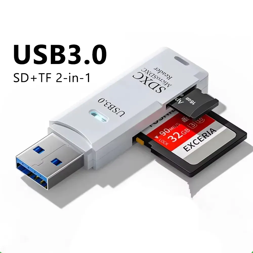 Lecteur de cartes USB 3.0/2.0 2-en-1 compatible cartes SD et TF pour ordinateur, tablette, appareil photo, ordinateur portable et voiture