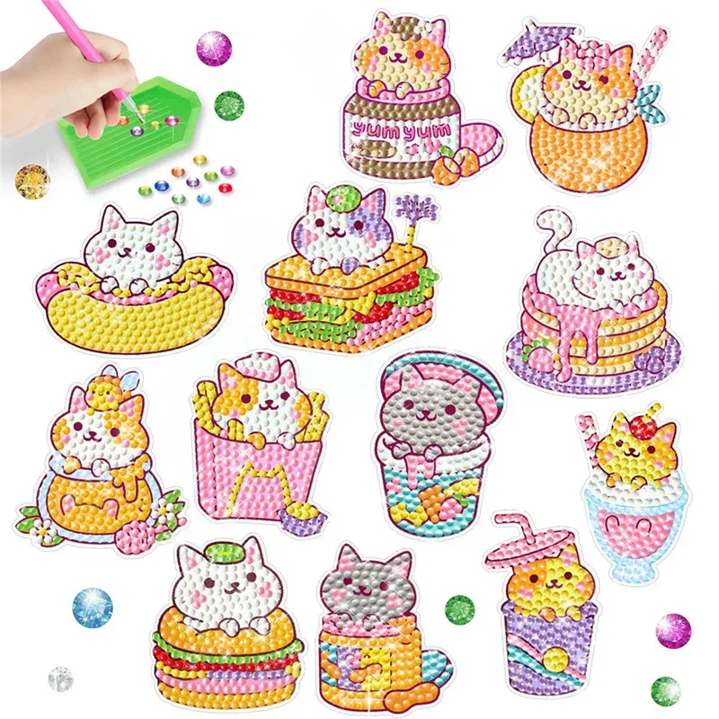 Autocollant chat burger en diamant à faire soi-même, mignon et créatif, décoration murale pour enfants 8