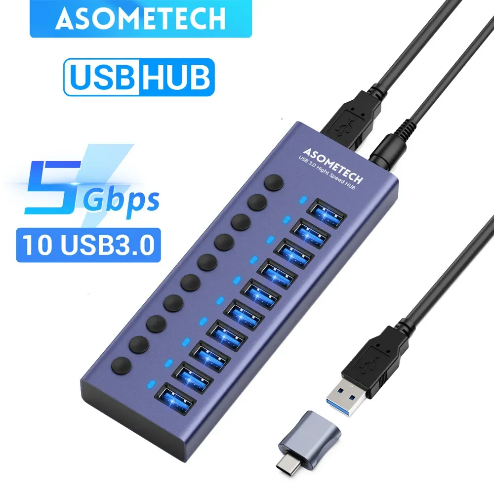 Hub USB 3.0 Multiport 4/7/10 ports avec alimentation 12 V et interrupteur marche/arrêt, concentrateur USB haute vitesse pour ordinateur portable MacBook