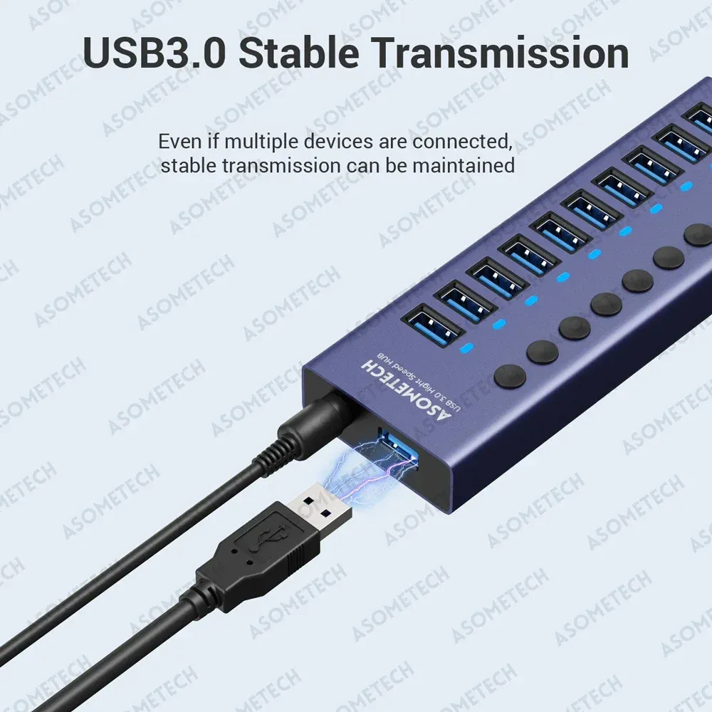 Hub USB 3.0 Multiport 4/7/10 ports avec alimentation 12 V et interrupteur marche/arrêt, concentrateur USB haute vitesse pour ordinateur portable MacBook 2