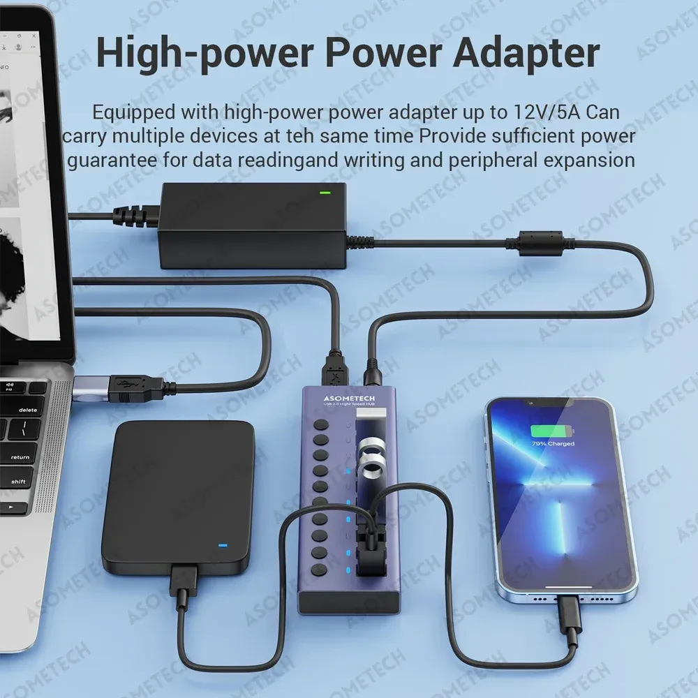 Hub USB 3.0 Multiport 4/7/10 ports avec alimentation 12 V et interrupteur marche/arrêt, concentrateur USB haute vitesse pour ordinateur portable MacBook 4