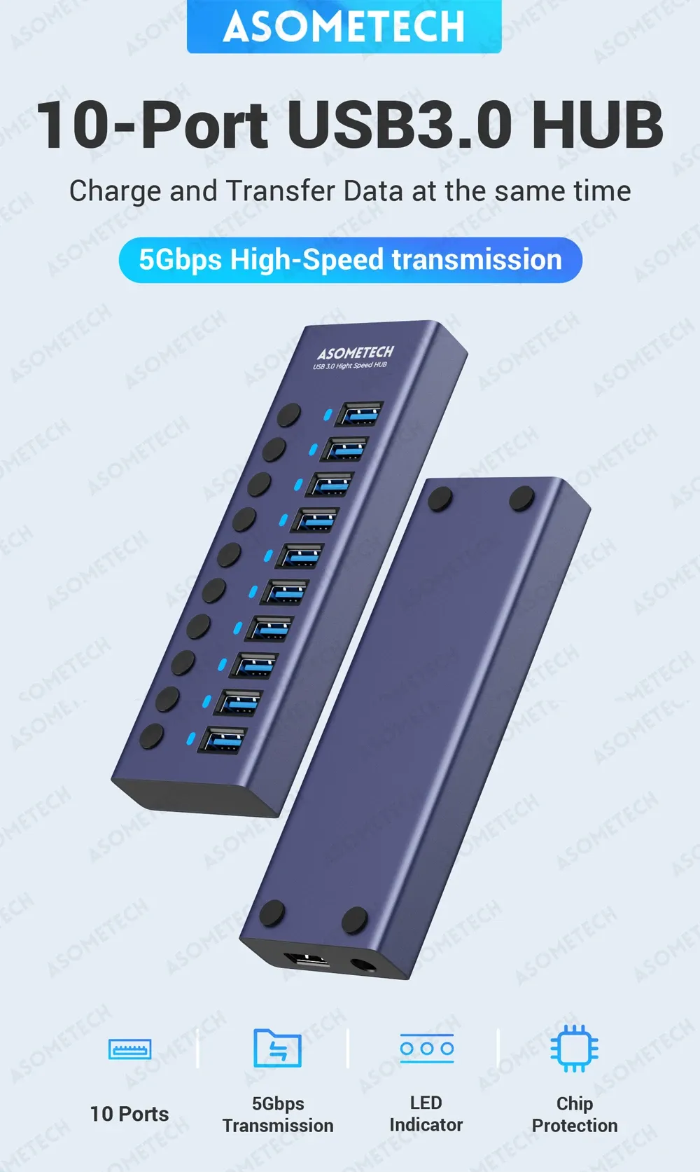 Hub USB 3.0 en aluminium avec 10 ports et interrupteurs indépendants