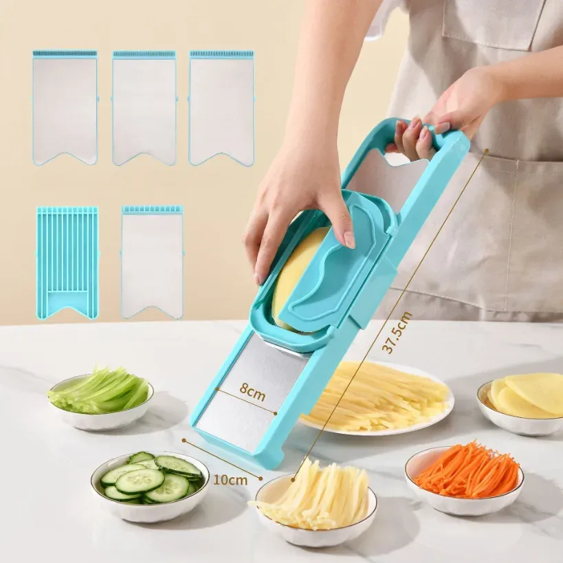 Éminceur de légumes multifonctionnel 5 en 1 : mandoline, hachoir, râpe pour pommes de terre et concombres, outil de cuisine avec rangement pour les lames 8