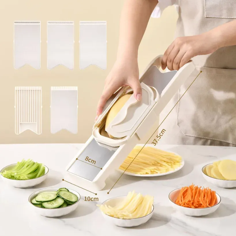 Éminceur de légumes multifonctionnel 5 en 1 : mandoline, hachoir, râpe pour pommes de terre et concombres, outil de cuisine avec rangement pour les lames 7
