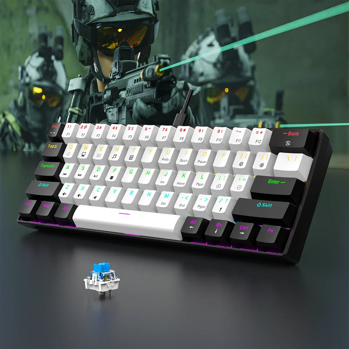 Clavier mécanique de jeu filaire 60 %, rétroéclairage RVB, disposition mini ultra compacte pour joueurs PC/Mac et dactylographes, conception idéale pour les déplacements 7