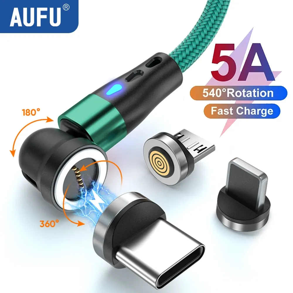 Câble de charge rapide magnétique AUFU 5A, rotation à 540°, avec connecteurs Micro USB et USB Type-C magnétiques, compatible iPhone 14, Samsung et Xiaomi