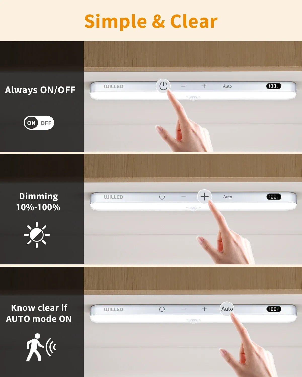 Éclairage d'armoire rechargeable à 60 LED avec capteur de mouvement, écran d'affichage de la batterie et barre tactile WILLED 4