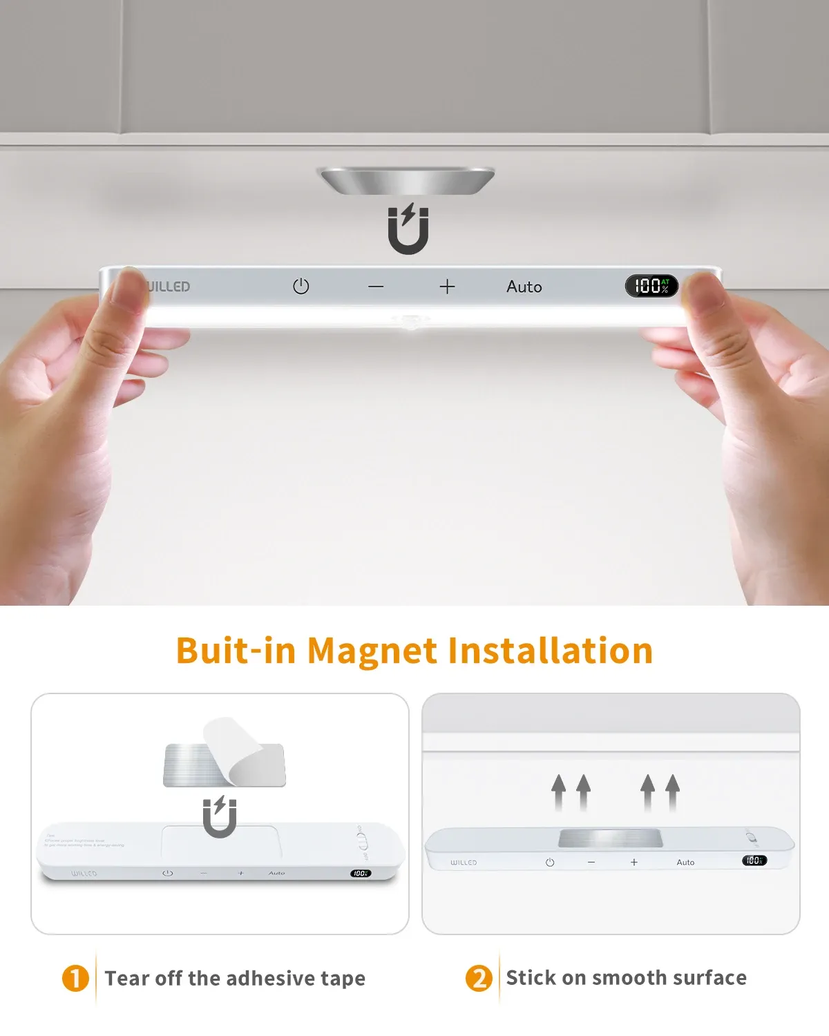 Éclairage d'armoire rechargeable à 60 LED avec capteur de mouvement, écran d'affichage de la batterie et barre tactile WILLED 5