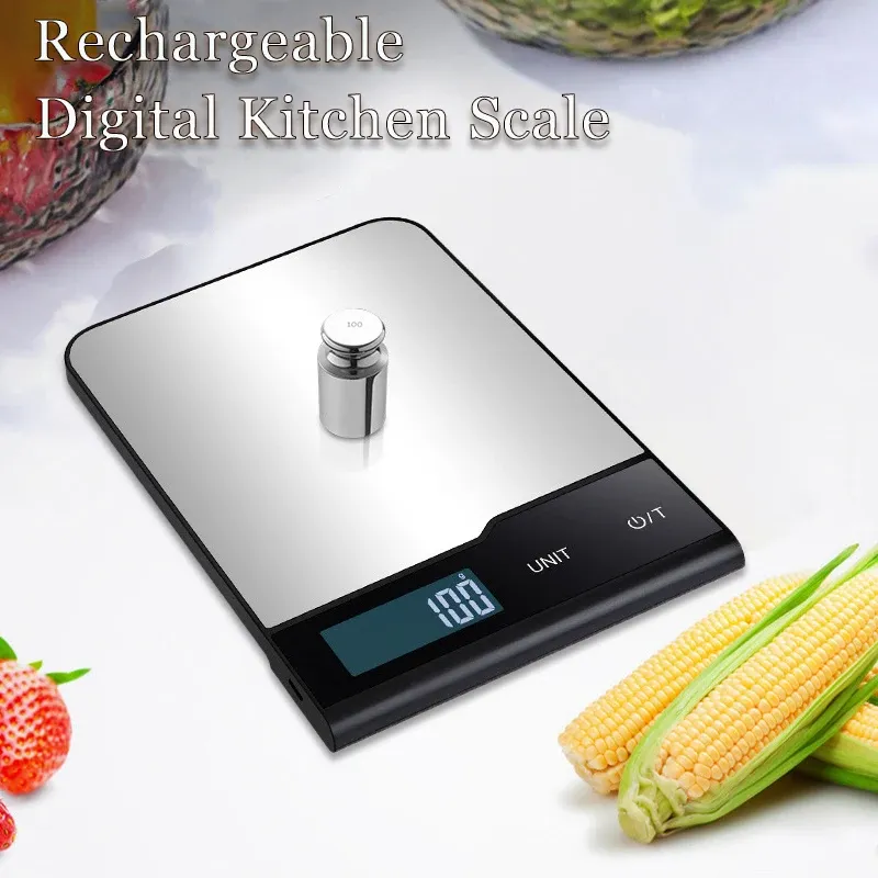 Balance de cuisine numérique rechargeable en acier inoxydable, 5 kg / 10 kg / 15 kg