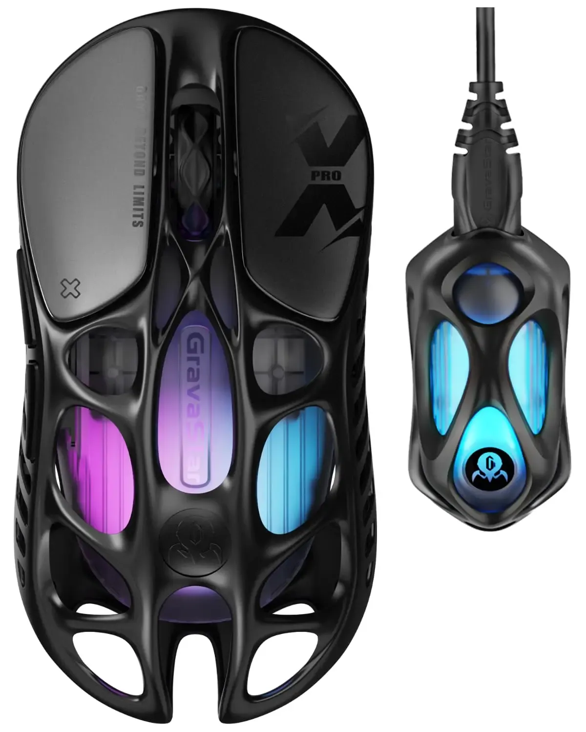 Souris de jeu sans fil GravaStar Mercury X Pro avec récepteur 8K, capteur PAW3950 32 000 DPI, cadre évidé en alliage de magnésium ultraléger, éclairage RVB 7
