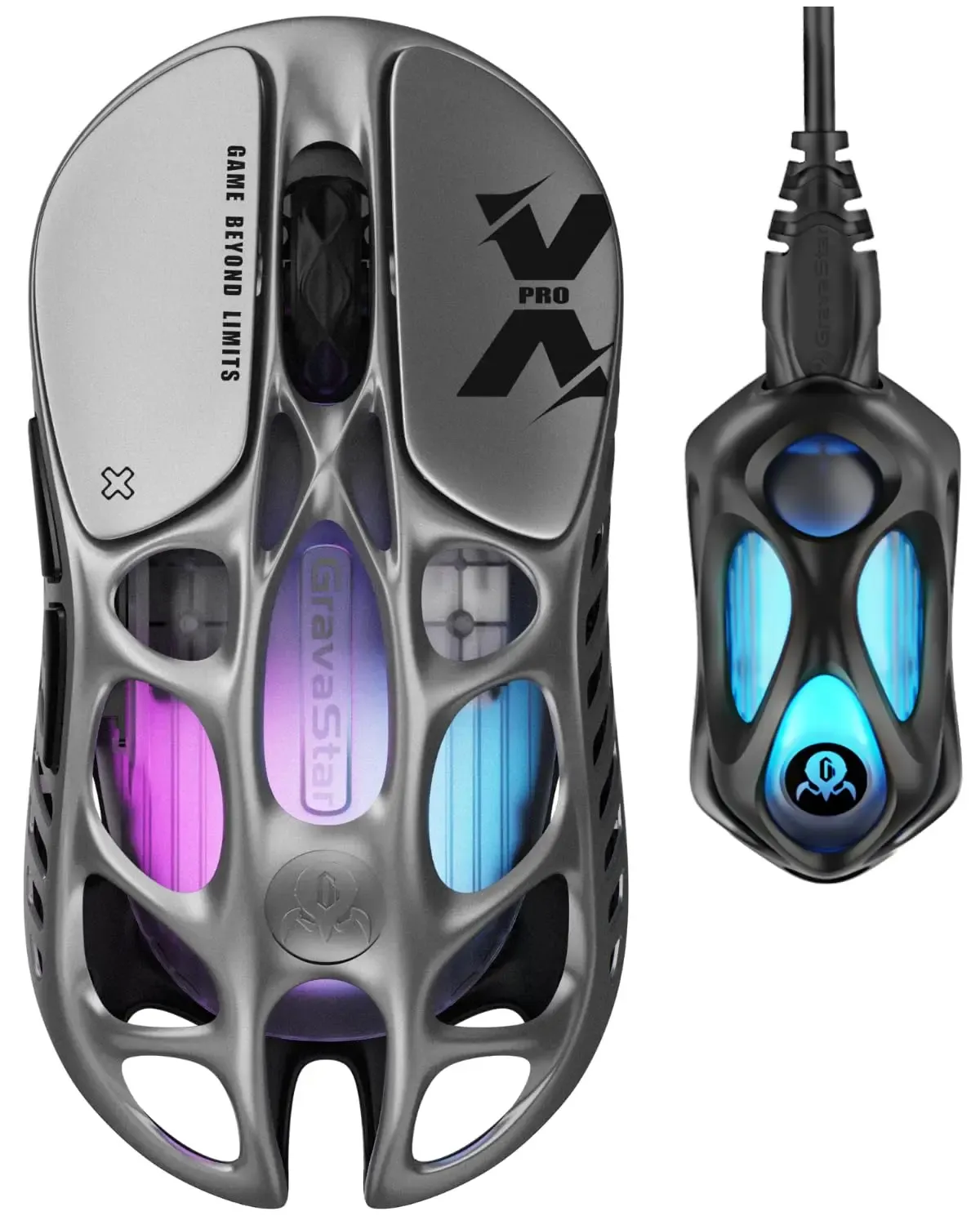 Souris de jeu sans fil GravaStar Mercury X Pro avec récepteur 8K, capteur PAW3950 32 000 DPI, cadre évidé en alliage de magnésium ultraléger, éclairage RVB 8