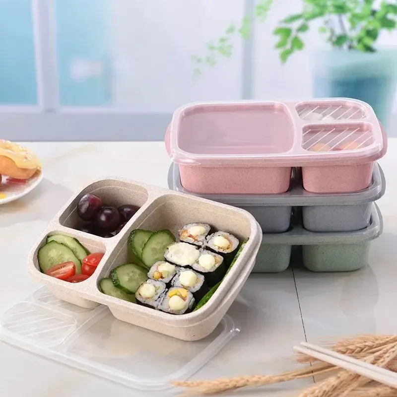 Boîte à déjeuner en paille de blé avec compartiments, boîte Bento portable pour pique-nique, récipient à fruits compatible micro-ondes, vaisselle pour étudiant - Image 1