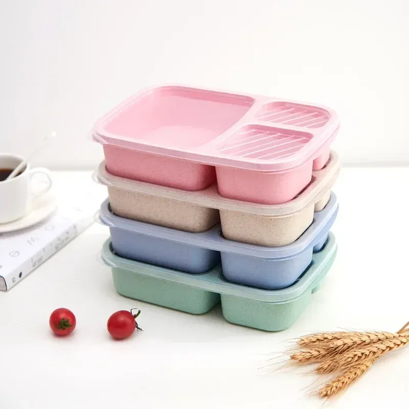 Boîte à déjeuner en paille de blé avec compartiments, boîte Bento portable pour pique-nique, récipient à fruits compatible micro-ondes, vaisselle pour étudiant 5