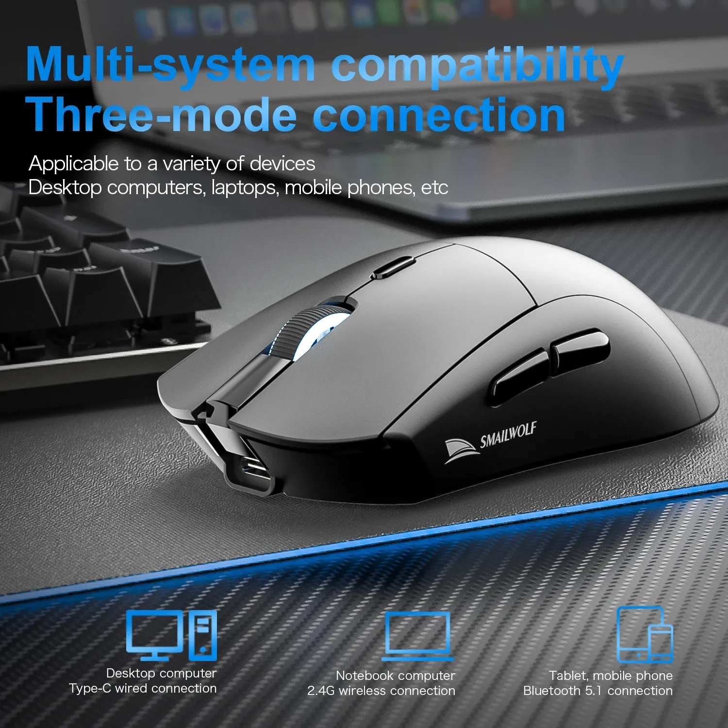 SOURIS DE JEU SANS FIL BLUETOOTH SMAILWOLF RS7, CAPTEUR PAW3311, 20000 DPI, PILOTE MACRO 4